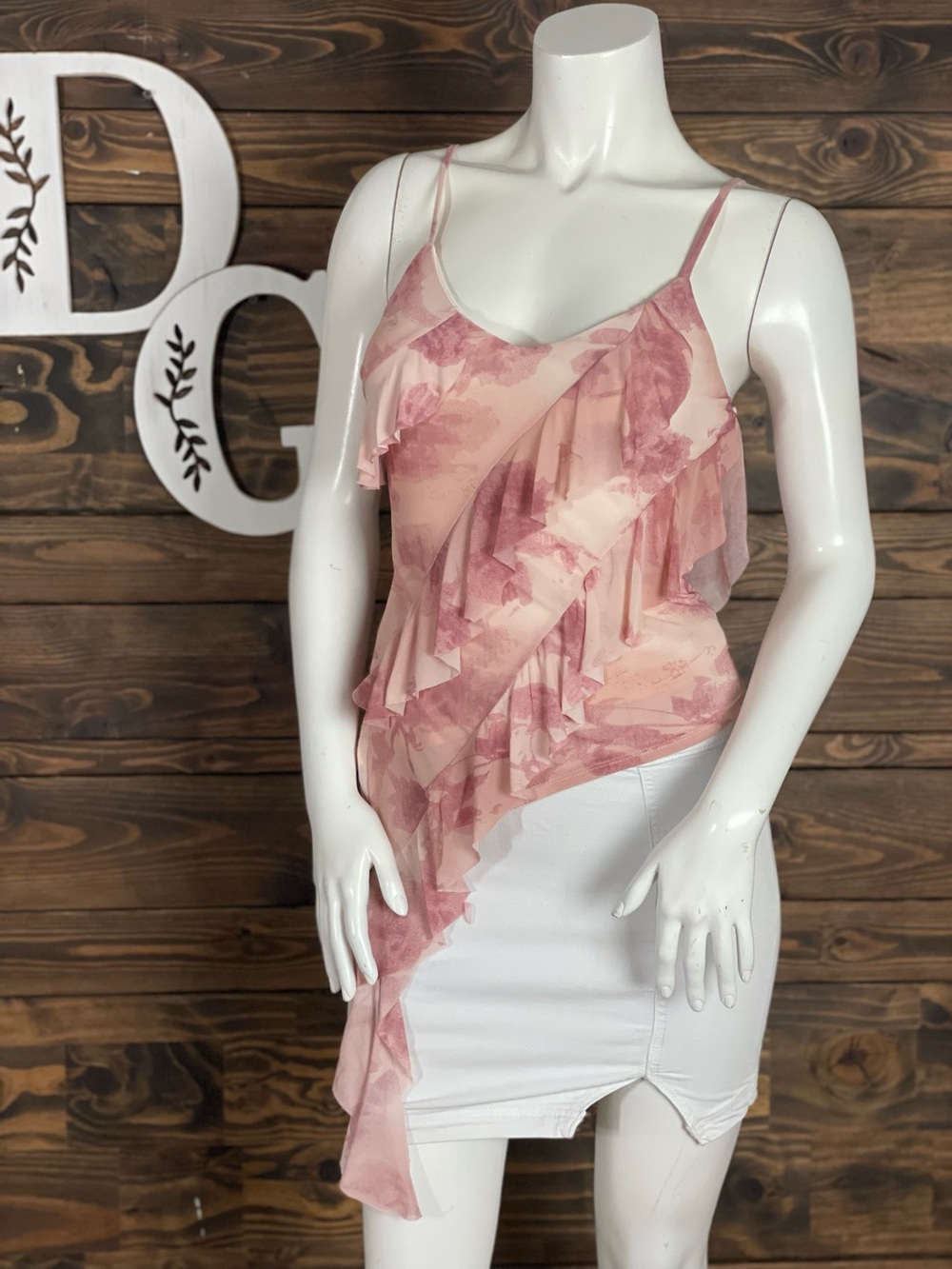 Thirty Thirty Watercolor Mesh Cascading Waterfall Pink Floral Ruffle Cami Top S